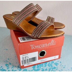 TOSCANELLA Wedge Sandals 8 Handmade in Italy Dark Brown Beaded‎ Two Band  BOHO